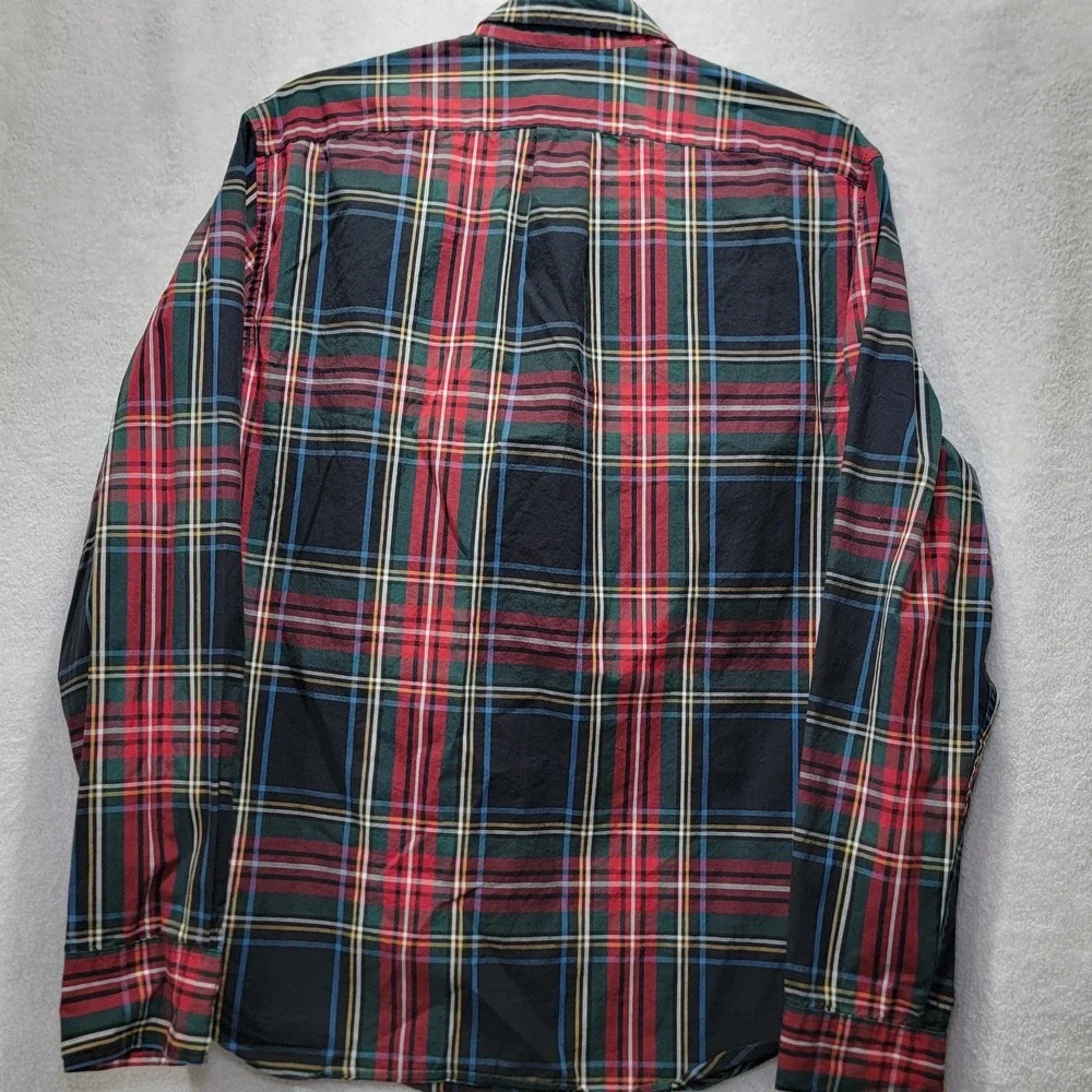 J. Crew Stretch Men Med Slim Untucked Shirt Button Down Green Red Plaid‎ Organic